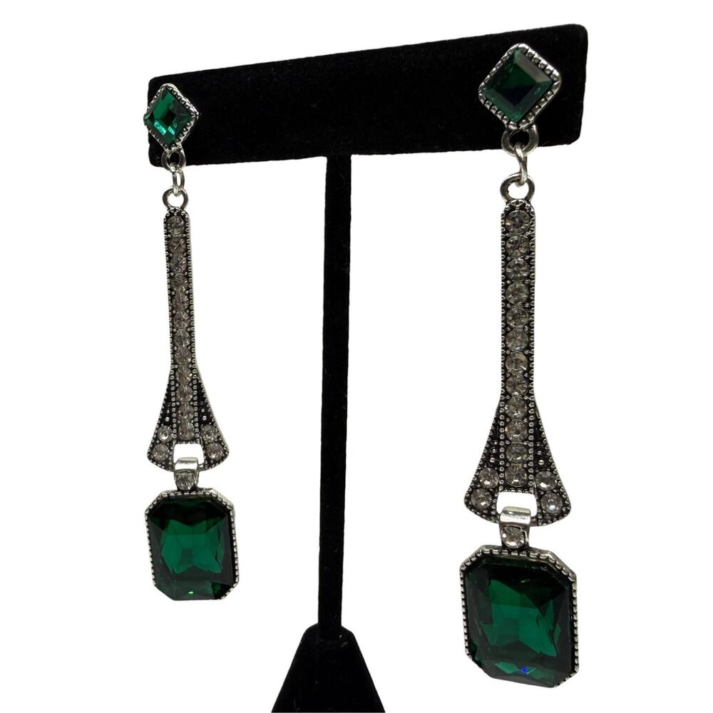 Art Deco Style Emerald Green Crystal Dangle Drop Earrings Silver Tone 3.5 in - Picture 3 of 6